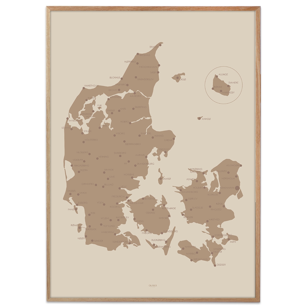 Plakat - Danmarkskort i mocca