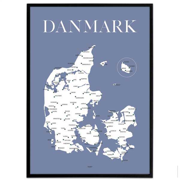 Plakat - Danmarkskort - blå