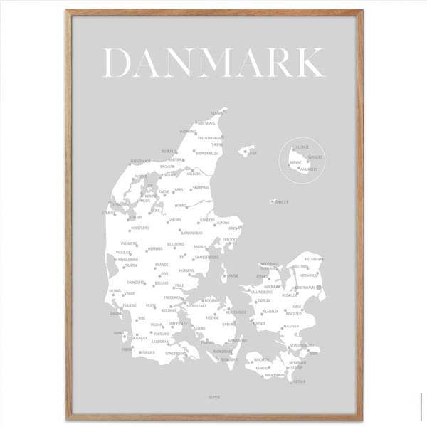 Plakat - Danmarkskort - Grå