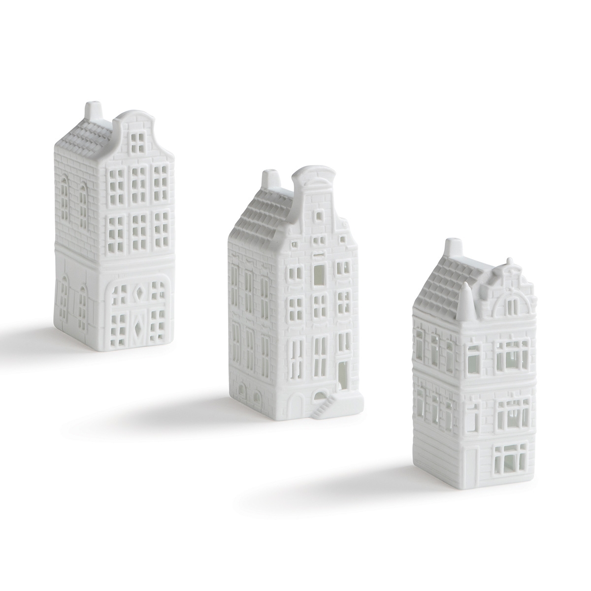 &Klevering Lyshuse - Hollandske Kanalhuse i Hvidt Porcelæn (3 stk)
