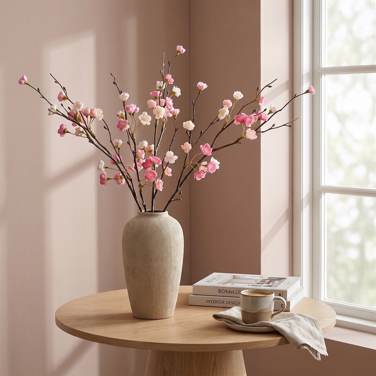 Kunstig Blomst - Kvist med lyserøde blomster, 50 cm