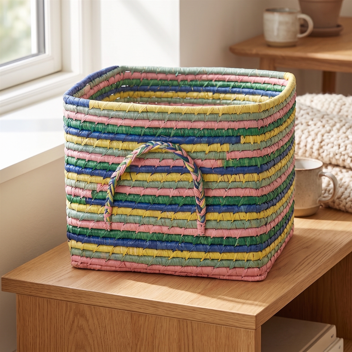 RICE Raffia kurv med hank - STRIPES, MULTI