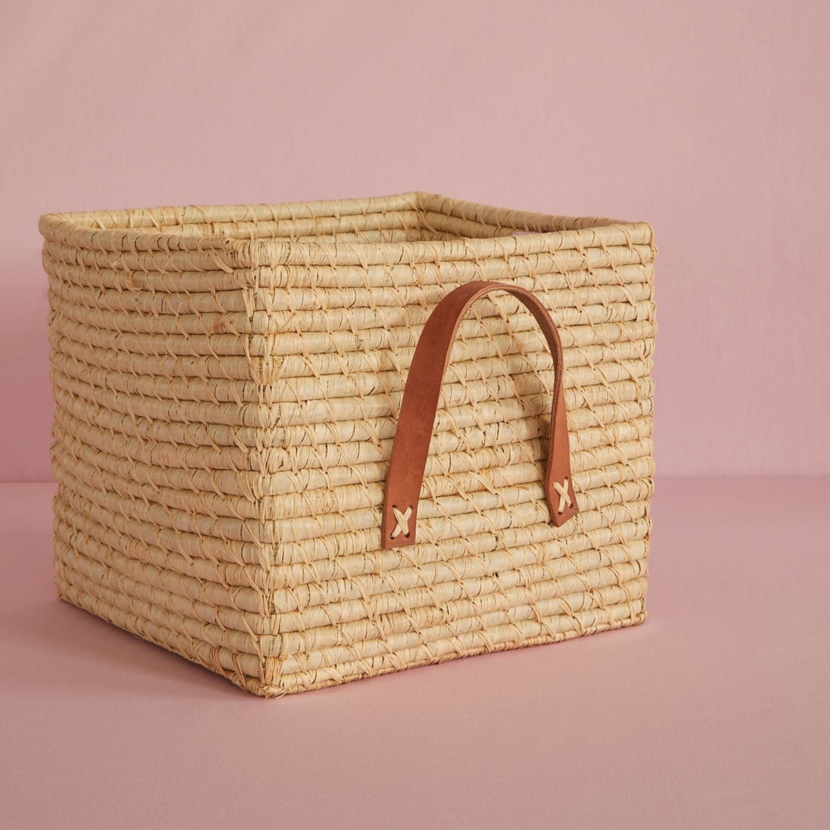 RICE Raffia kurv med læderhanke - NATUR