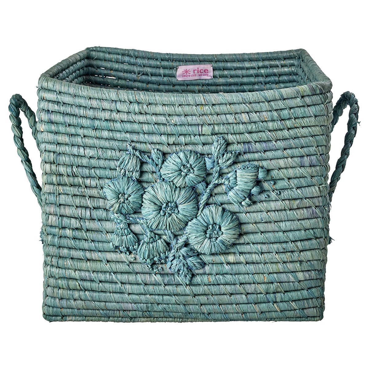 RICE Raffia kurv med hank - BLUE EMBROIDERY