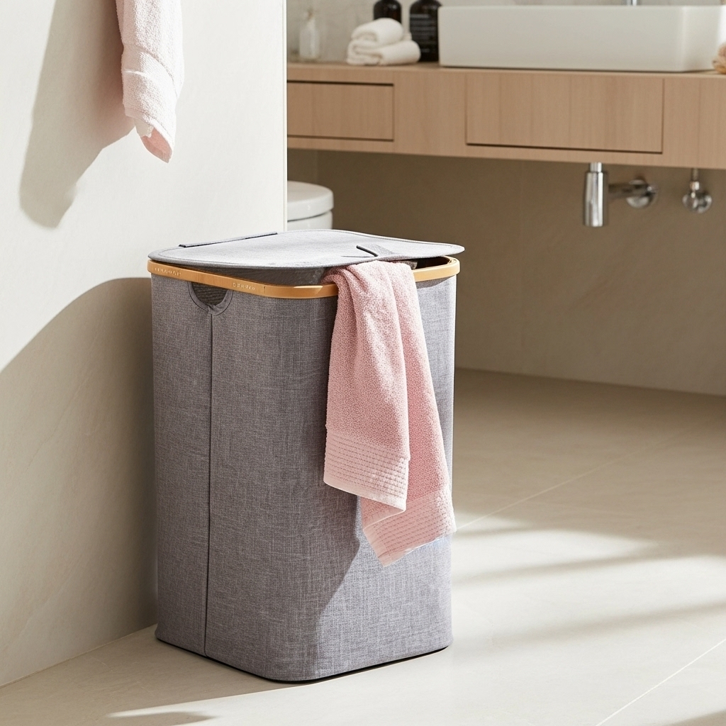 Zeller Vasketøjskurv - Bambus & Gråt Stof (Foldbar)