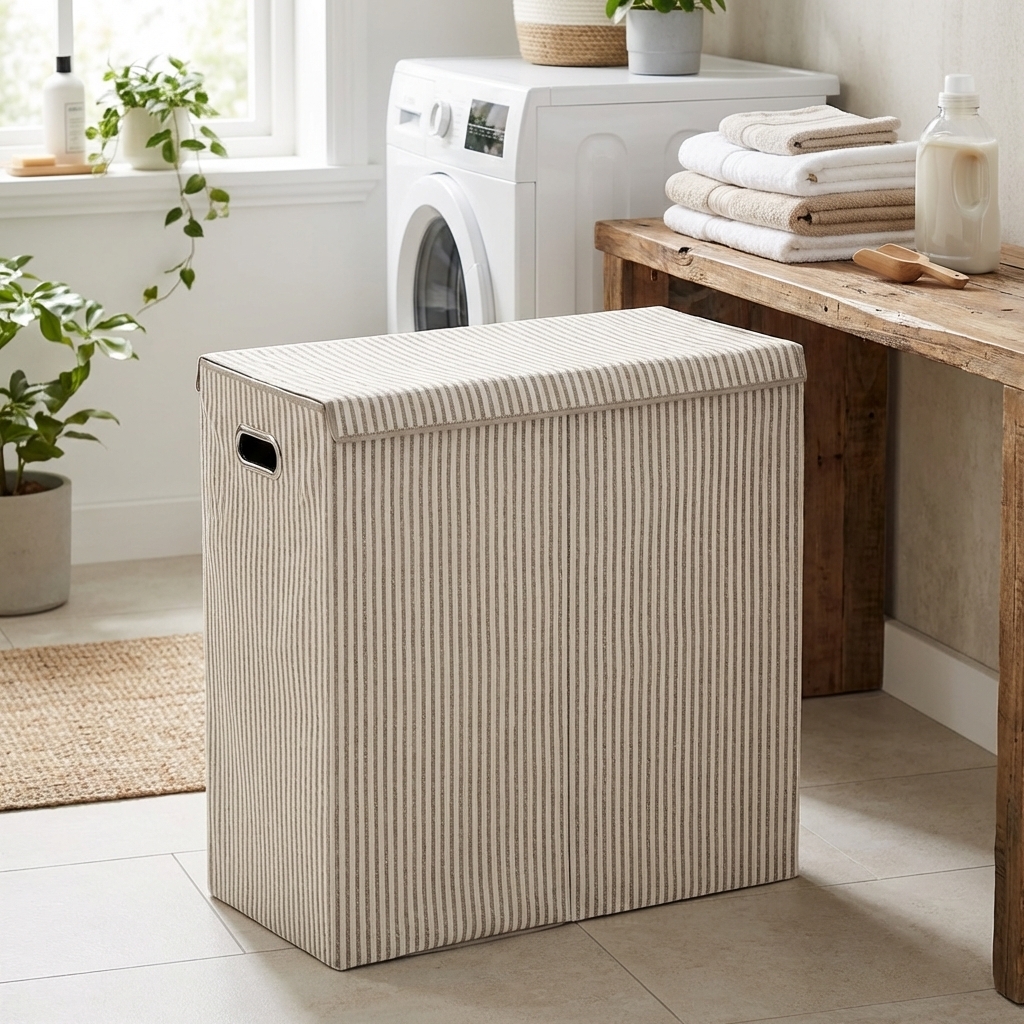 Zeller Dobbelt Vasketøjskurv "Alberte" - Stripes, Beige
