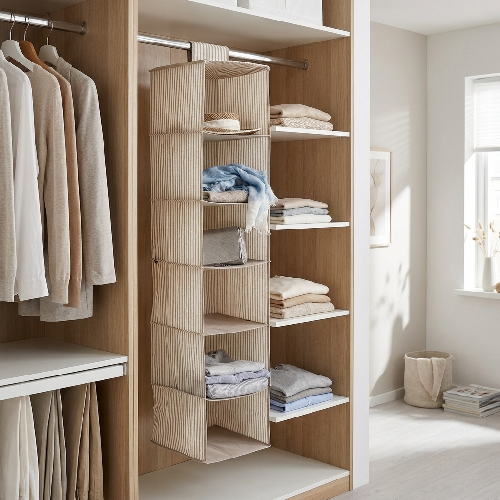 Zeller Stofhylde med 6 rum - "Alberte" BEIGE Stripes